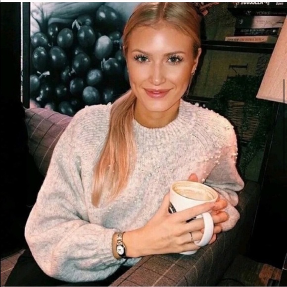 Zara Light Gray Pearl Puff Bubble Sleeve Sweater - Picture 3 of 4